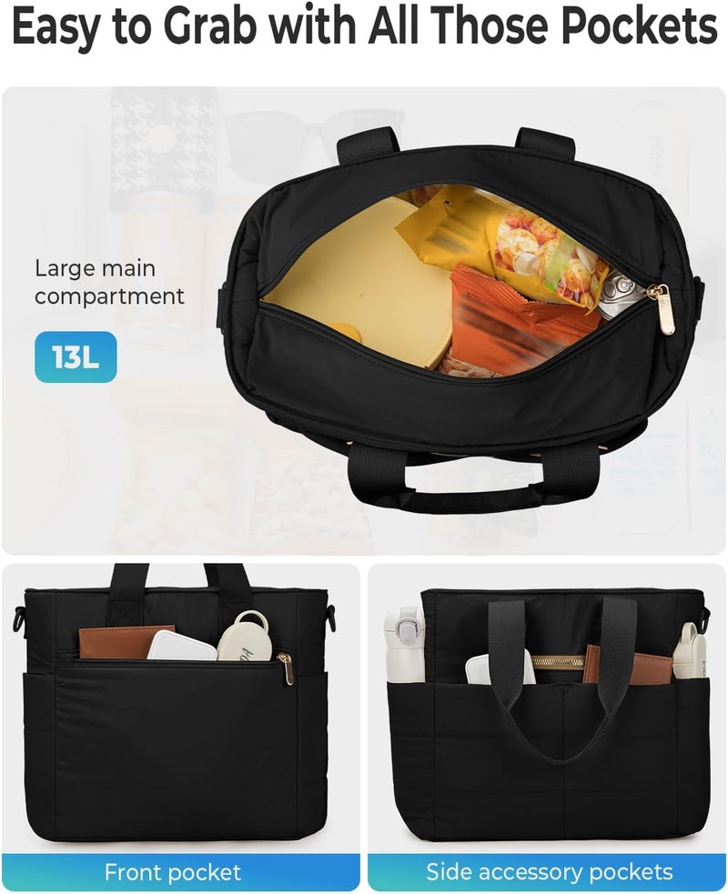 Tuwubi Lunch Box for Women, Large Puffy Quilted Lunch Tote Bag with Adjustable Strap & Multi-Pockets, Insulated Lunch Bags for Women Work, School, Picnic Black - Image 3